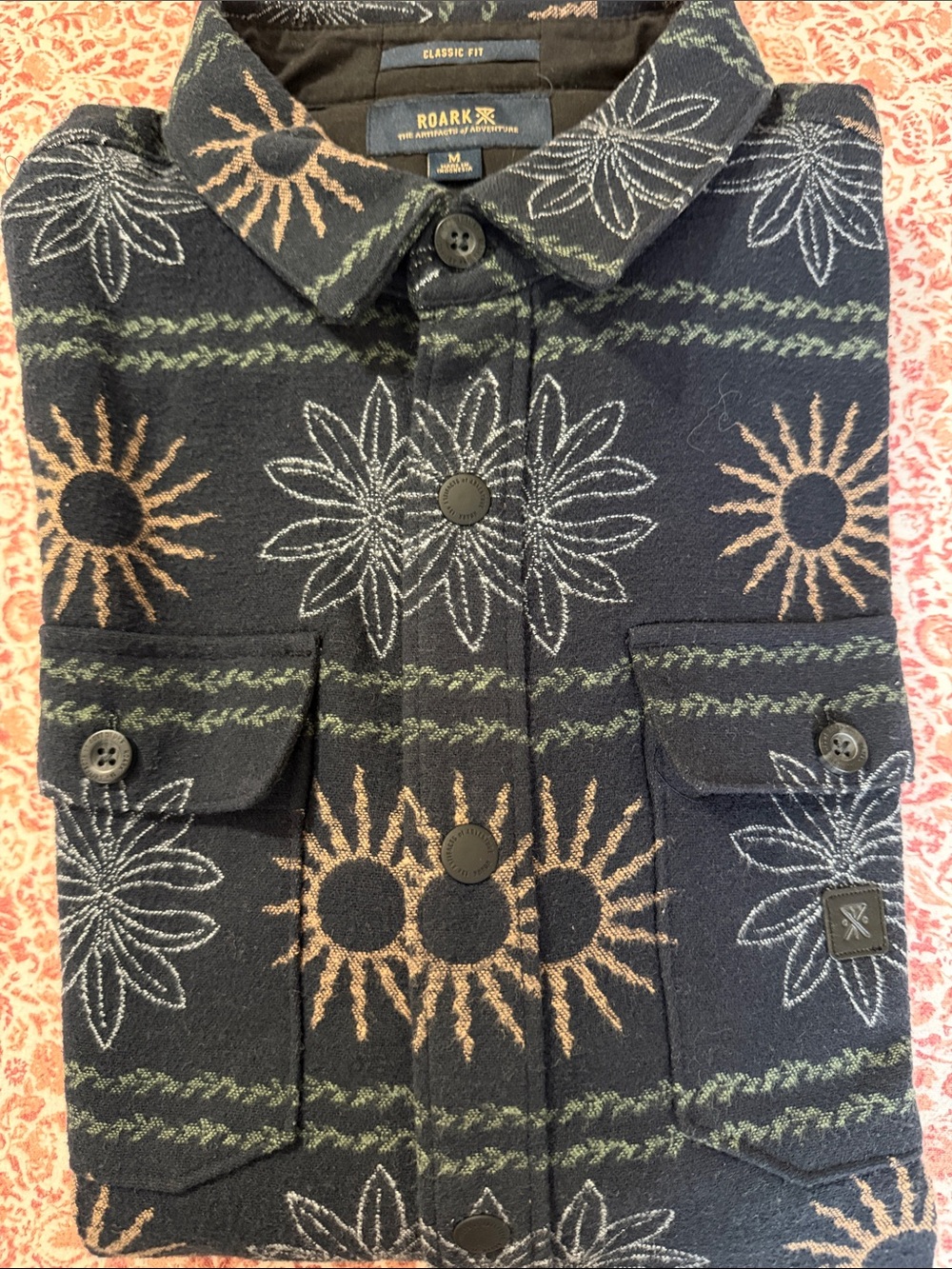 Roark Navy Button-Up Shirt Jacket with Cream Floral Sun Motif